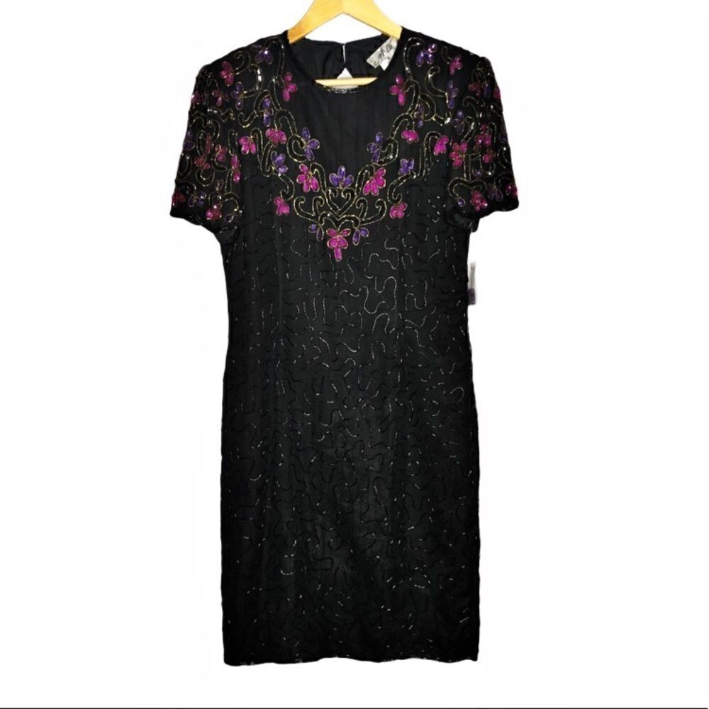 Vintage AP Ltd Black Pink Purple Sequin Dress NEW